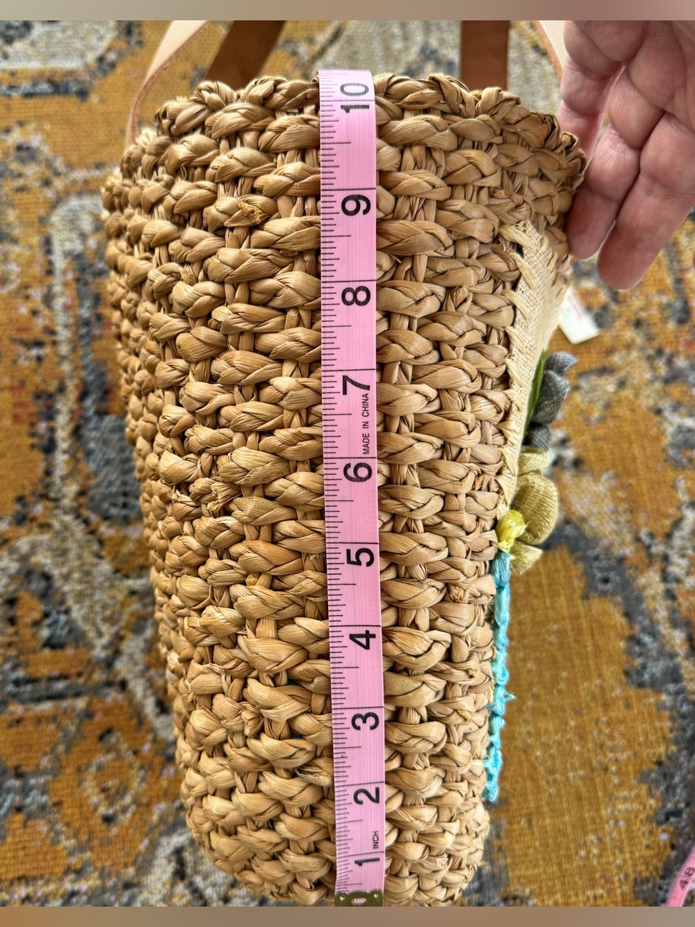 Handcrafted Floral Straw Tote Bag in Natural, Turquoise & Olive - Picture 10 of 10